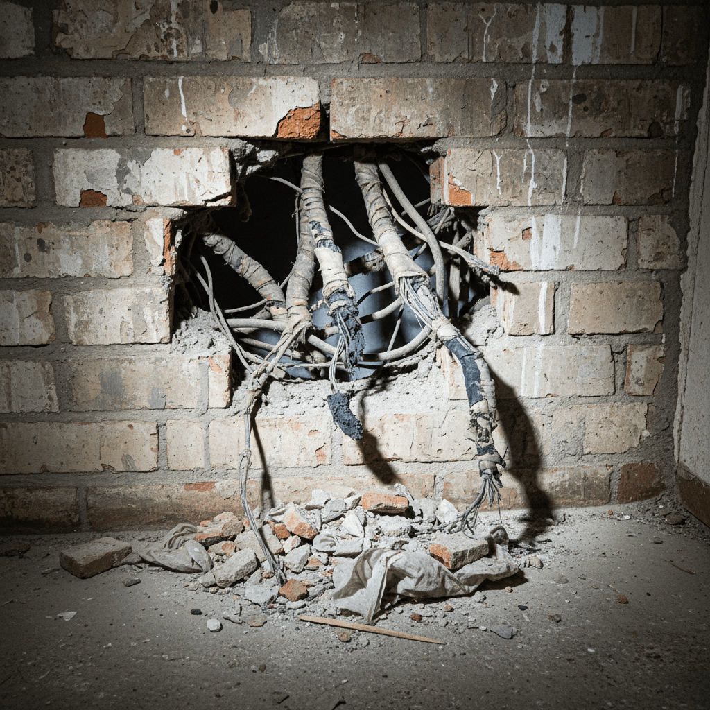 Alte Stoffummantelte Leitungen und poröse Isolierung in einer Wand