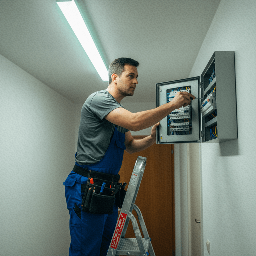 Erfahrener Handwerker bei der präzisen Arbeit an einem Sicherungskasten