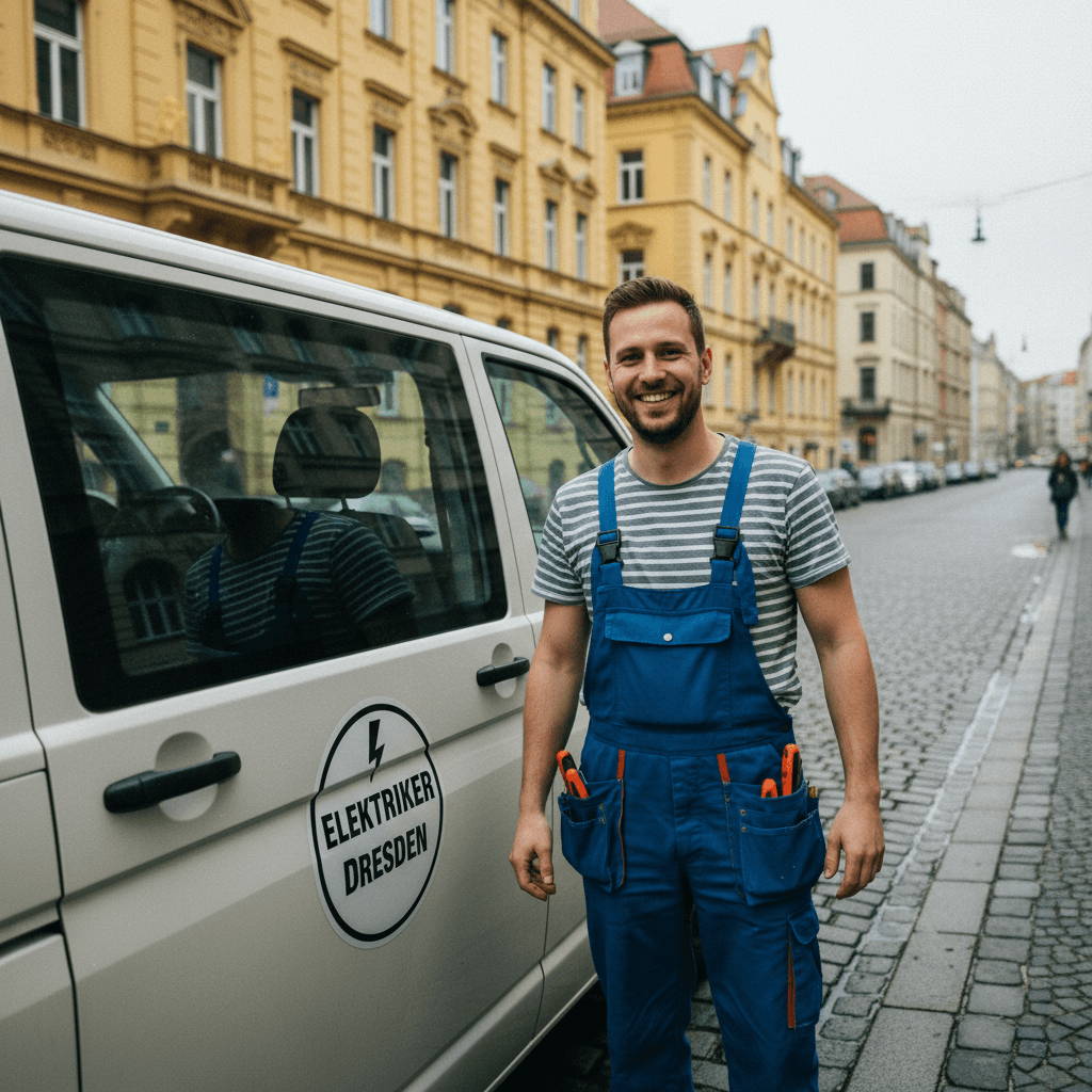Freundlicher Elektriker Techniker vor einem Servicefahrzeug in Dresden bereit für den Einsatz