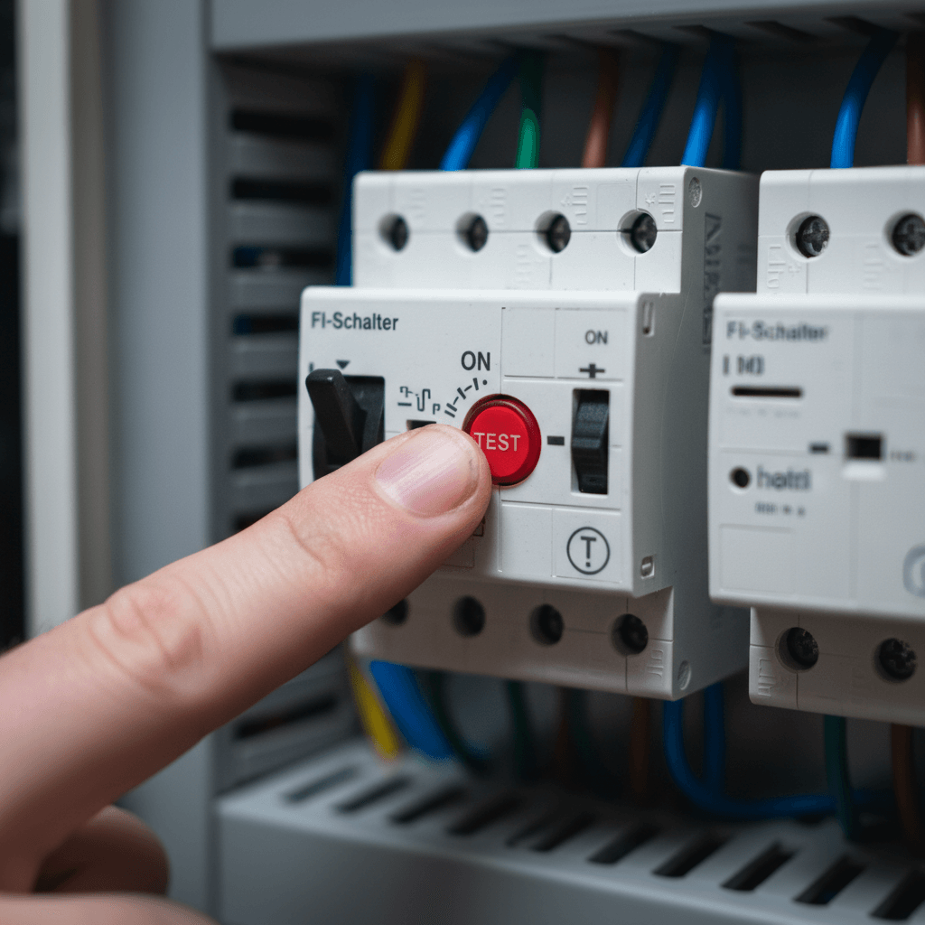Detailaufnahme eines FI-Schutzschalters in einem Sicherungskasten